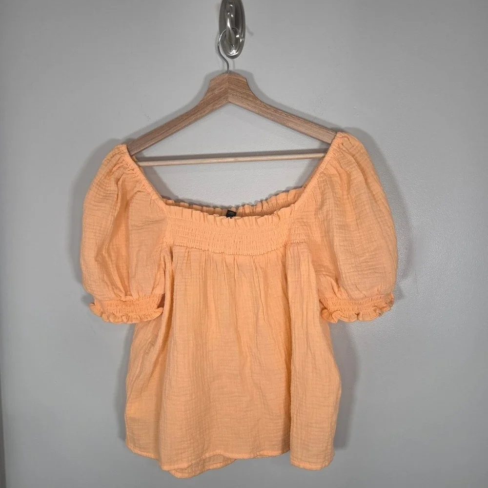 J.Crew NWT Cotton Peasant Top M Orange Smocked Puff Sleeve Cropped Blouse
